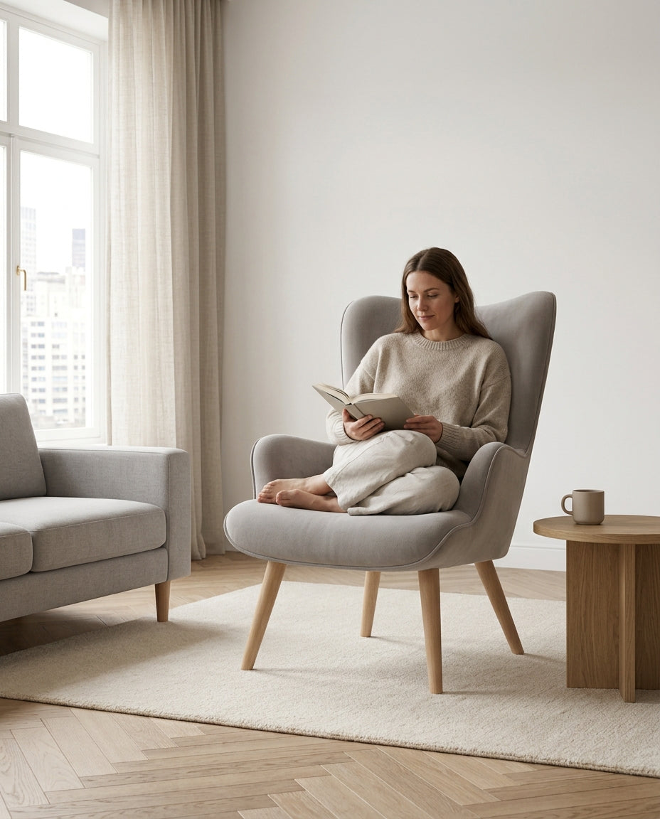 Mujer leyendo sentada en el sillón Tarina de terciopelo gris
