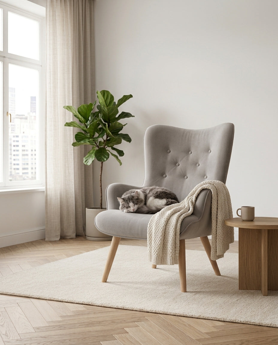 Gato durmiendo sobre el sillón Tarina gris con una manta tejida