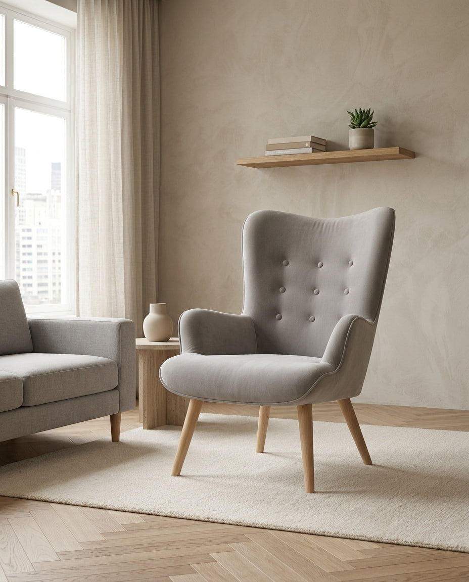 Sillón Tarina gris en un living moderno con lámpara de arco y alfombra clara